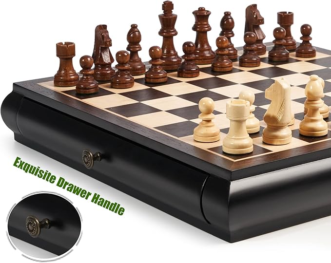 VAMSLOVE Wooden Chess Checkers Game Set 15.5" Large Size Board w/Storage Drawers, Weighted Chess Pieces - 2 Extra Queens 3" King, Gift for Birthday Housewarming Retirement - Black