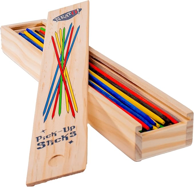 Neato Wood Toys Bundle – Includes Classic Wooden Peg Game, Jacob's Ladder Puzzle, Pick-Up Sticks, and Bounce-Back Paddle Ball – Fun Retro Games for Kids & Adults – Perfect for Travel & Family Play