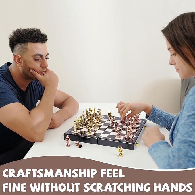 Large Vintage Metal Chess Set for Adults and Kids – Marbling Chess Board with Metal Chess Pieces 15" Travel Chess Set with Metal Chessmen – Collectible Elegant Chess Game – Family Vintage Board Game