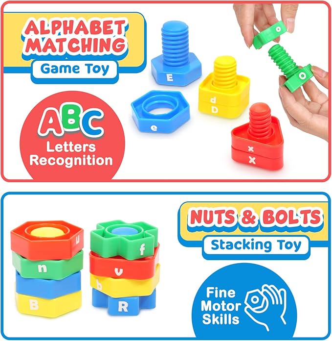 Letters Learning Matching Game | Fine Motor Skills Toy Set for Toddlers | 26 Alphabet Learning Toys with 52 pcs Nuts and Bolts Sorting & Stacking Toys, ABC learning Educational Montessori Toy for Kids
