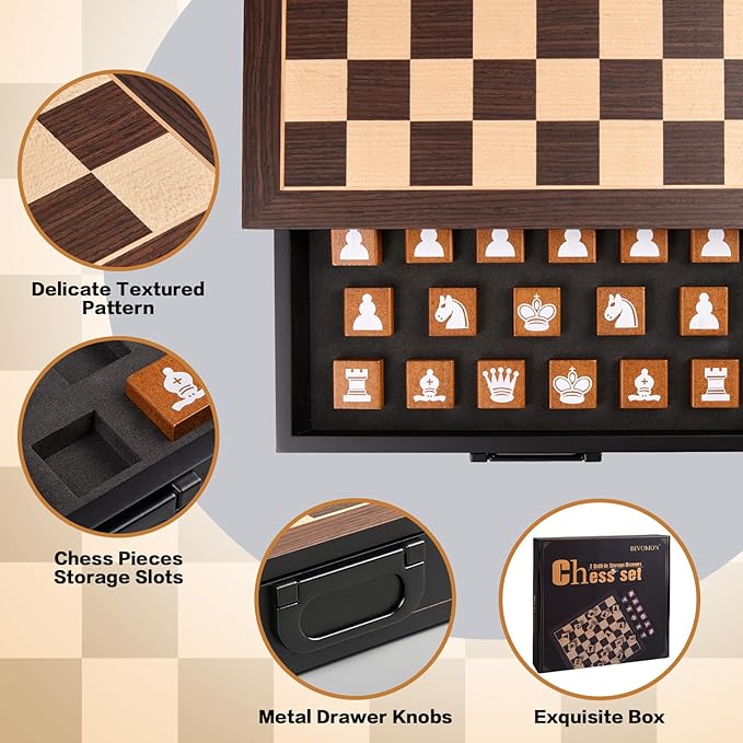 Unique Wooden Chess Set for Kids Adults, 12.5 Inch Chess Board Game with 2 Built-in Storage Drawers, Handmade Chess Pieces, 2 Extra Queens-Chess Table for Beginner/Home Decor