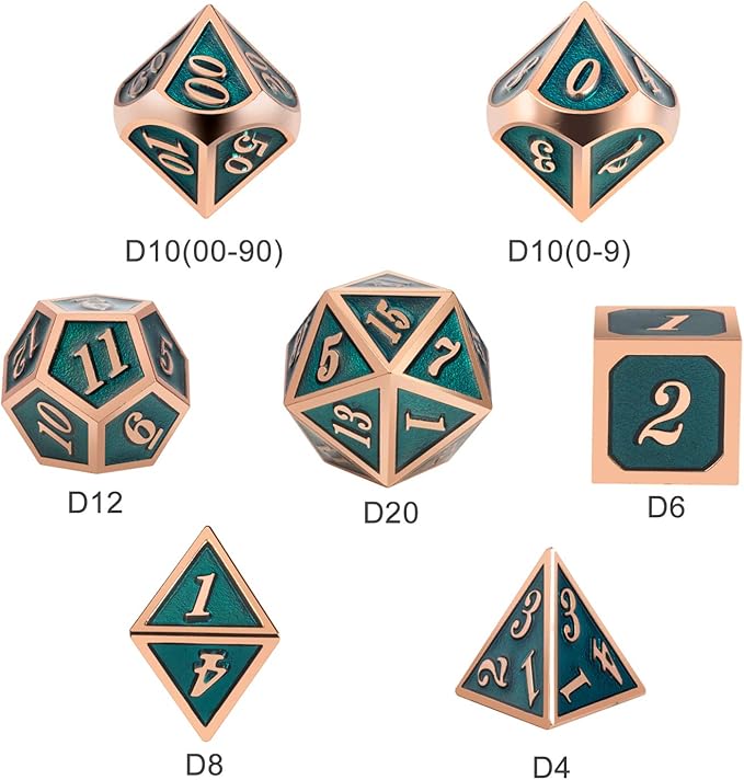 Teal D&D Metal Dice Set,DNDND 7 PCS Metallic Dungeons and Dragons Dice with Free Metal Case for D&D Game Role Playing (Teal and Copper)