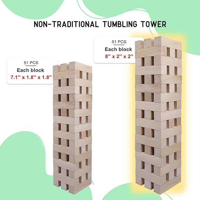 GOTHINK Giant Tumbling Tower Game, Super Large 51pcs Wooden Blocks Stacking Game, Stacking to Over 6 Feet, Jumbo Timber Blocks with Carry Bag, Jumbo Outdoor Indoor Game Toy Gift for Kids and Adults