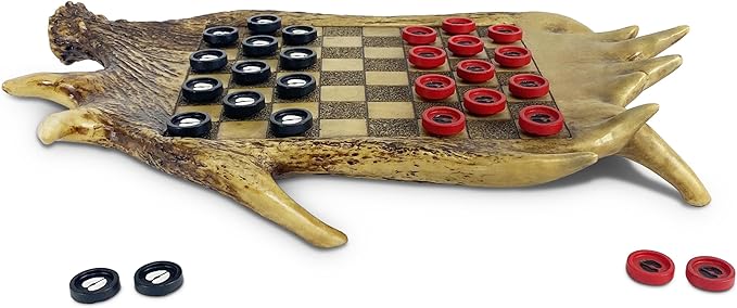 Rivers Edge Products Checkerboard Set for Cabin or Lodge, Rustic Checker Board Games for Adults, Tabletop 2 Players Game, Cabin or Lodge, Living Room Decor or Home Office Decor, Moose Antler