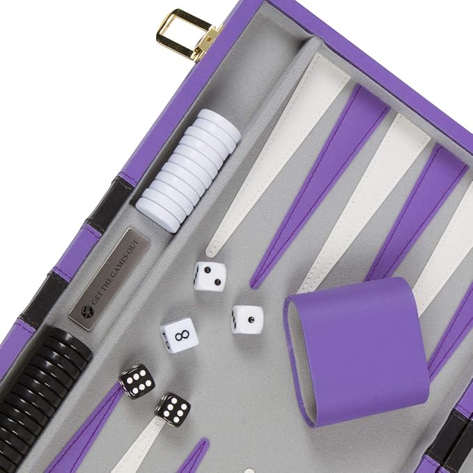 Get The Games Out Top Backgammon Set - Small Travel Size Classic Board Game Case - Best Strategy & Tip Guide (Purple, Small)