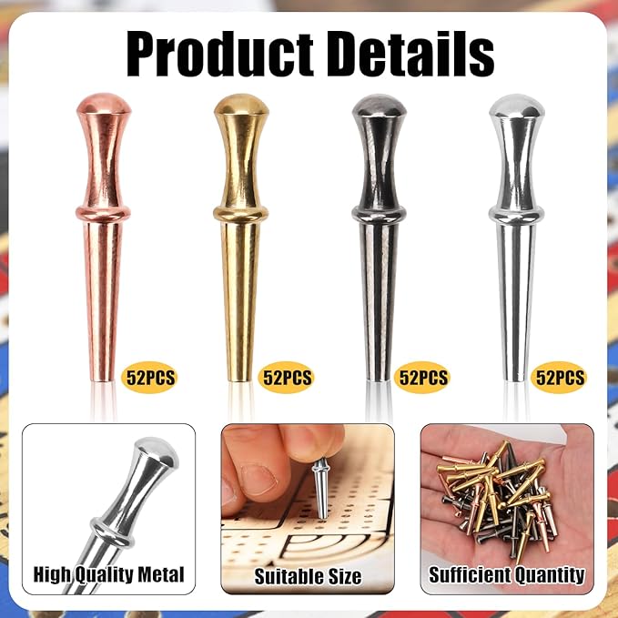 208pcs Cribbage Board Pegs, Metal Cribbage Pegs Tapered Design Cribbage Board Pins Fit 1/8 Hole Cribbage Traditional Board Game for Friends and Family, 4 Colors