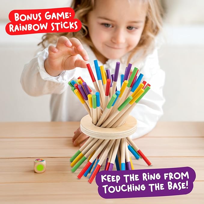 Nene Toys BALLFALL - Montessori Wooden Board Game for Kids Ages 3-9 – Educational Toy for Fine Motor Skills & Logical Thinking – Classic Family Tower Game with Colorful Sticks, Dice & Cards