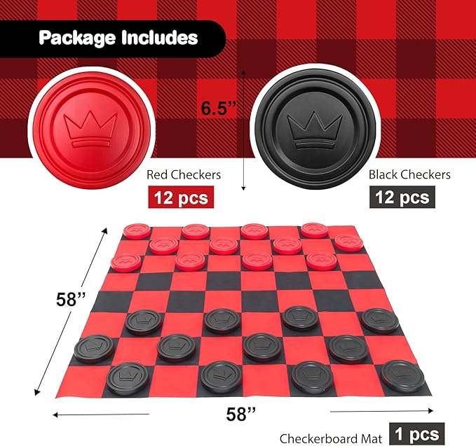 Jumbo Checkers Set with Storage Bag - 58 inch mat - Outdoor & Indoor Play Toys, Backyard Board Games, Family Party, Birthday for Toddlers Ages 5 6 7 8 Year Old - Amazon Exclusive