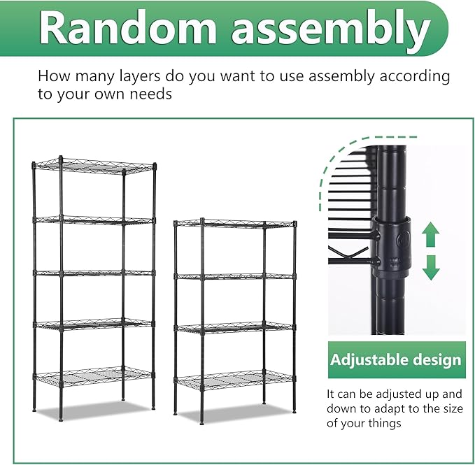 BestOffice Garage Shelving 5 Tier Metal Storage Shelves 750lbs Weight Capacity Heavy Duty Wire Shelving NSF Certified Utility Shelves with Leveling Feet for Garage Home Office, Black
