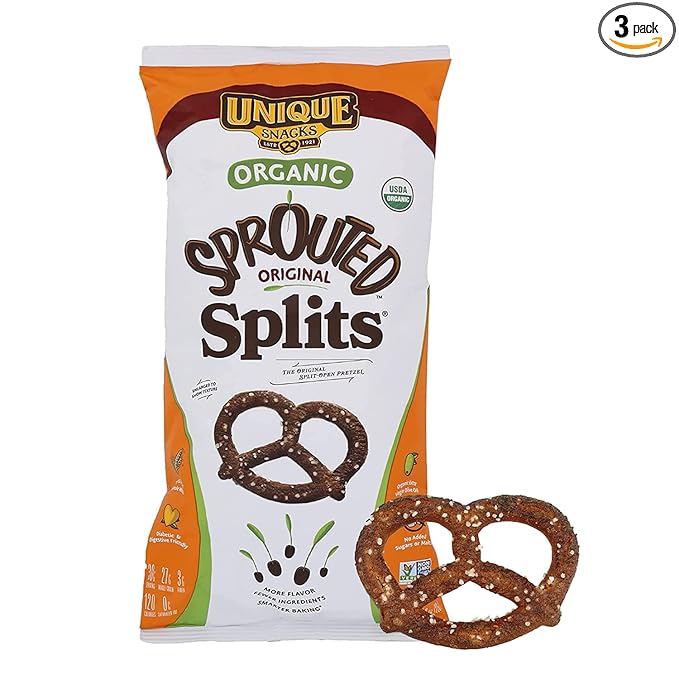 Unique Snacks Sprouted Splits Pretzels, Sprouted Pretzels, Delicious Homestyle Baked Snack Bag, OU Kosher, and Non-GMO Food, No Artificial Flavor, 8 Oz. Bag, Pack of 3