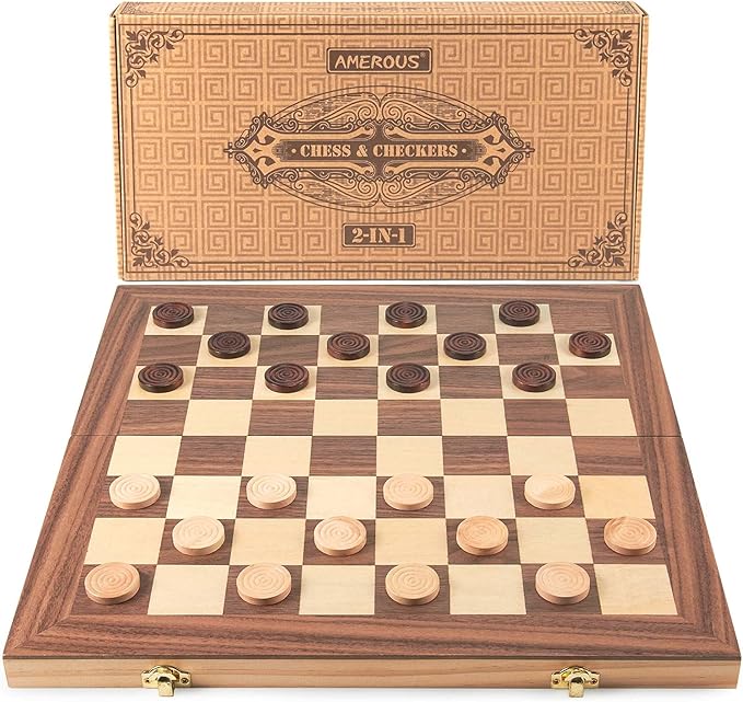AMEROUS 15'' Wooden Chess & Checkers Set, 2 in 1 Board Games -2 Extra Queens -24 Cherkers Pieces - Gift Box Packed - Chessmen Storage Slots, Beginner Chess Set for Kids and Adults