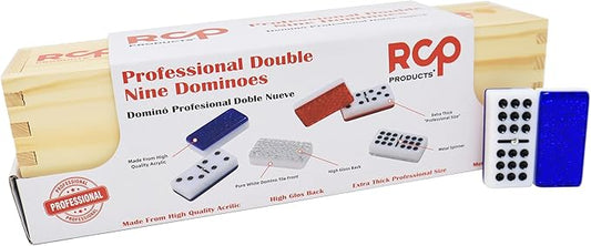 Dominos Set for Adults – Professional Double 9 Dominoes Set of 55 Tiles, Metal Spinner, Classic and Travel Board Game with Wood Case Juegos de Mesa (Blue)
