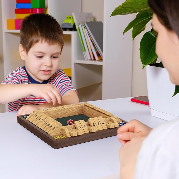 Shut The Box Game, 4 Player Wooden Board Game Dice Game, Classic Math Learning Game for Kids -12" x 12"