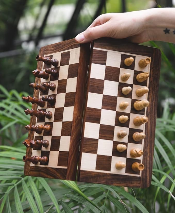 WOODEN MAGNETIC FOLDING CHESS SET 25 CM/10"", Brown