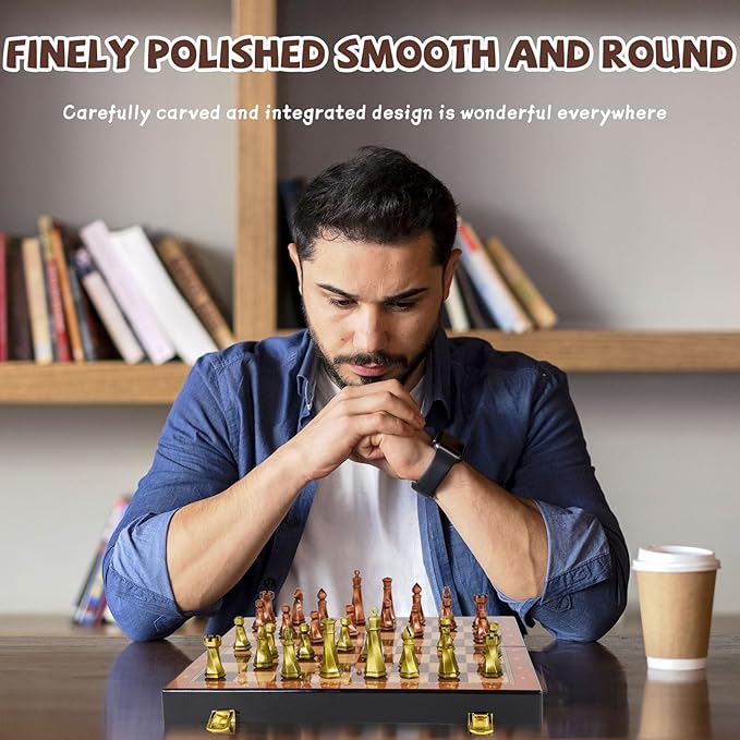 Large Metal Chess Set for Adults – 15" Wooden Chess Board with Metal Chess Pieces Travel Chess Sets with Metal Chessmen – Collectible Elegant Chess Game – Family Vintage Board Game