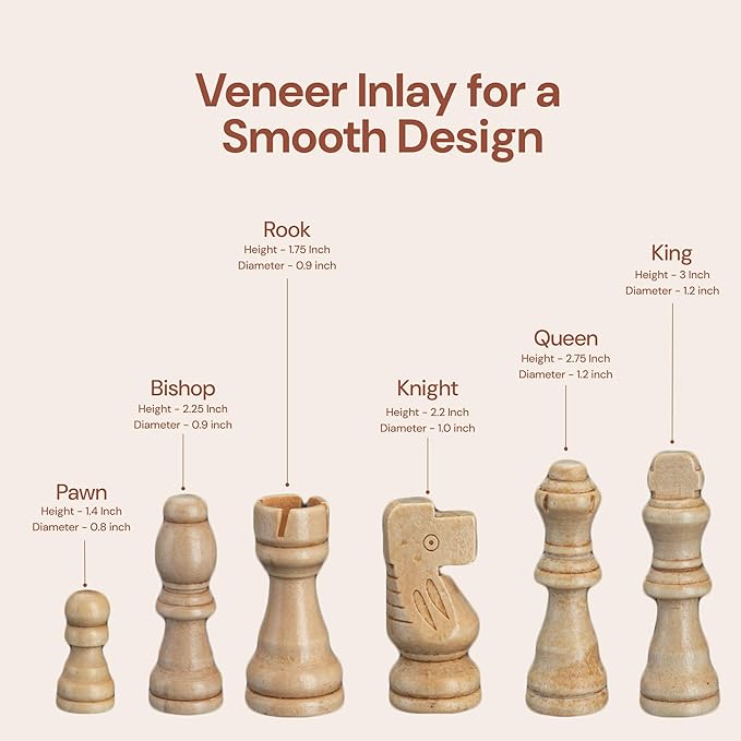 PlayVibe Wooden Chess Set 15'' & Checkers Board Games for All Players with 2 Extra Queens - Handmade Classic Wooden Chess Board, Portable & Folding Playtime Boards, Beginner & Professional Use