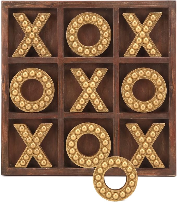 NIKKY HOME Tic Tac Toe Game Coffee Table Decor, 10.6 Inch Rustic Wooden Board, Gold