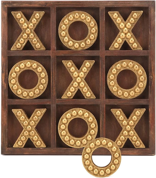 NIKKY HOME Tic Tac Toe Game Coffee Table Decor, 10.6 Inch Rustic Wooden Board, Gold