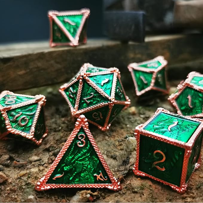 HAOMEJA DND Dice Metal Dragon Set Dice 7 Role Playing Dice D&D Solid Dice Dungeons and Dragons (Red Copper Green)