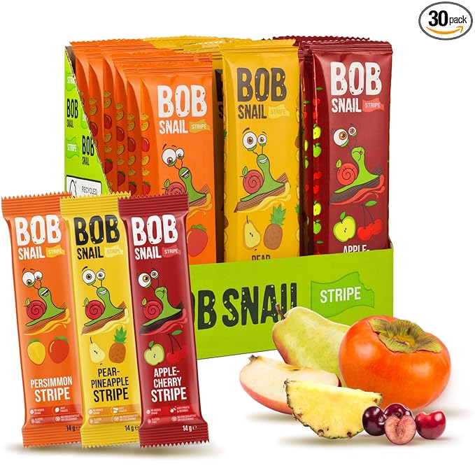 BOB SNAIL Healthy Organic Fruit Snacks for Kids and Adults – 30 Organic Fruit Leather Snacks with Persimmon, Pear-Pineapple,Cherry – Vegan Low-Carb Variety Pack Strips for Kids – Sugar Free Jerky Bars