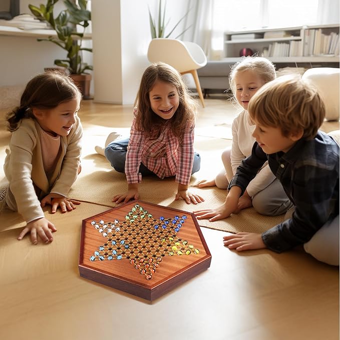 VAMSLOVE Large 17" Chinese Checkers Board Game for 2-6 Player Wooden Game Board, 16mm 60+12 Colorful Glass Marbles, Easy Grasping for Adults and Kids, w/Storage Drawer, Fun for Family Gathering