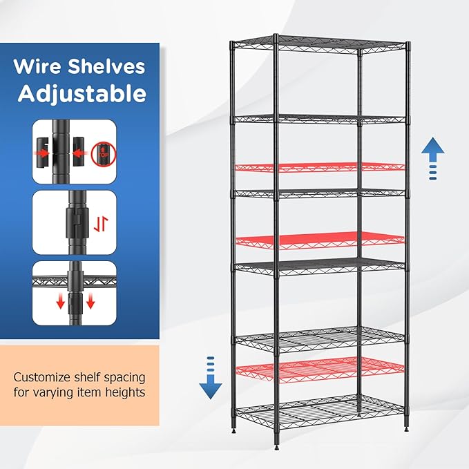 FDW 6-Shelf Adjustable,Storage Shelves Wire Shelving Shelving Unit Metal Shelves Storage Shelf,13" D x 23" W x 59" H,Black