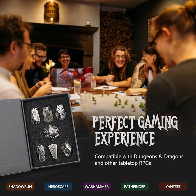 Metal Dice Set for DND, ZHOORQI 7 Pcs Polyhedral Dice, Perfect for Dungeons and Dragons, RPG Role Playing Games - Unique Cool Dice with Stonehenge Themed Design for Games Gifts（JS-Silver）