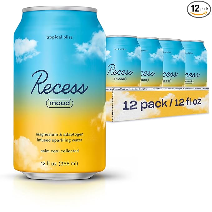 Recess Mood Magnesium & Adaptogen Drink, Relaxation Beverage, 12 Ounce (Tropical Bliss, 12 Pack)