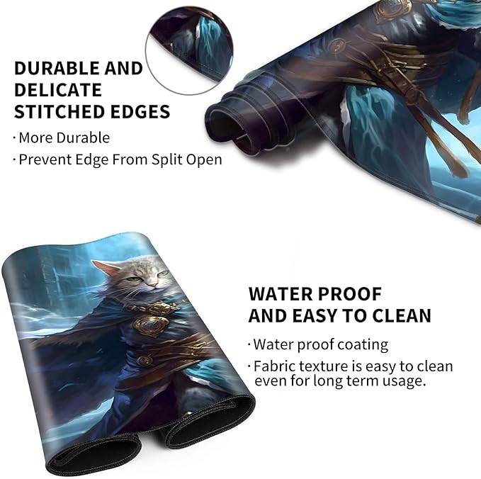 Playmat 24" x 14" Game Mats Tabletop Magic for MTG/TCG Cards, Trading Card Game Playing Stitched Play Mats Commander Deck Gaming Desk Mat Card Gameplay Mats, Cat Wizard Casting Spell