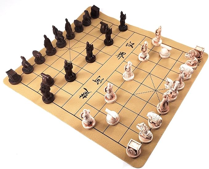 Traditional Chinese Xiangqi Portable Chess Set,Travel Board Game Set with Resin Chess Pieces and Leather Chessboard