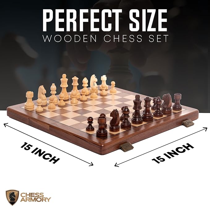 Chess Armory Wooden Chess Set 15 Inch - Premium Walnut Wood Handcrafted Game Board for Adults and Kids with Extra Queen Pieces and Storage Box - Ideal for Home and Travel - Non-Magnetic