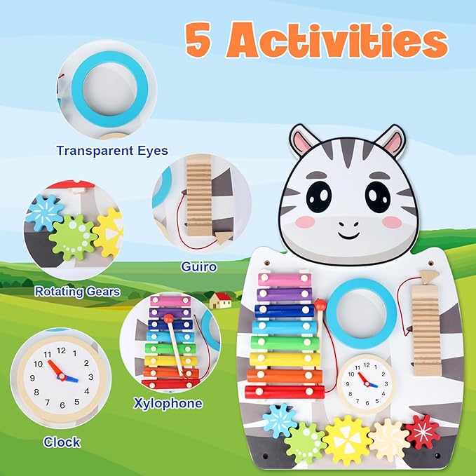 Sensory Wall Panels for Kids - 5 Activities Zebra Wooden Wall Mounted Toy for Daycare - Safety Decor for Toddlers Sensory Playroom