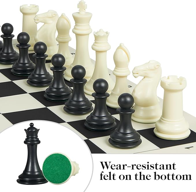 Tournament Chess Set with 20" Silicone Chess Board Mat - 4" King Plastic Weighted Staunton Pieces 2 Extra Queens - Portable EVA Carrying Case for Travel