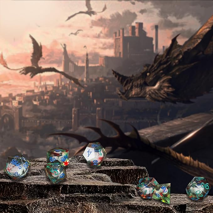 Evil Eye Dices OriCraft Moving Eyes Dice DND Dice Set with Moving Eye Inside Dungeons and Dragons Polyhedral Role Playing Gaming Dices D20 Dice 7 Set Halloween Dices Green