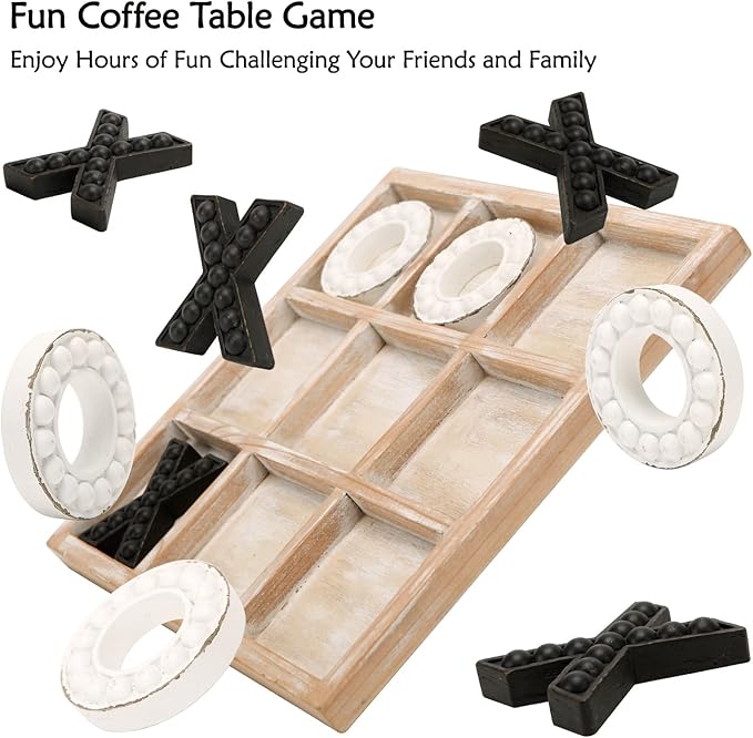 NIKKY HOME Tic Tac Toe Game Coffee Table Decor, 10.6 Inch Rustic Wooden Board, Black & White