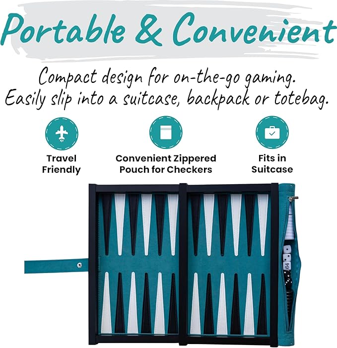 Deluxe Travel Backgammon Set – Roll-Up Board with Magnetic Wooden Frame, Dice Cups and Bag - Unique Travel Backgammon Set for Adults