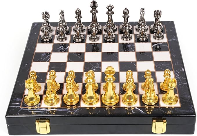 Metal Chess Set for Adults and Kids – Marbling Chess Board with Chess Pieces – Travel Chess Sets with Extra Queens with zinc Alloy Metal Pieces – Ideal for Beginners and Professional Players