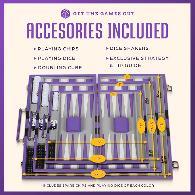 Get The Games Out Top Backgammon Set - Classic Board Game Case - Best Strategy & Tip Guide - Available in Small, Medium and Large Sizes (Purple, Medium)