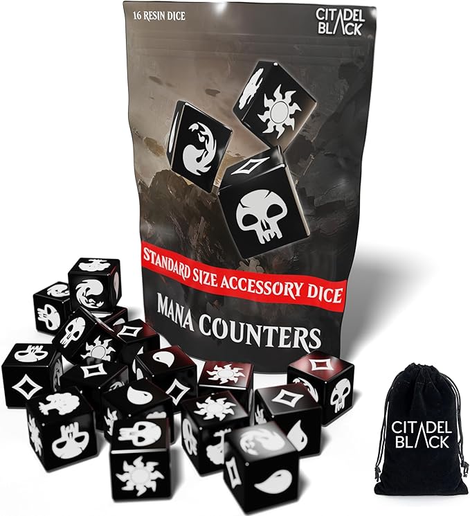 Citadel Black MTG Mana Dice Set of 16 Premium Dice – with Velvet Drawstring Pouch, Magic: The Gathering