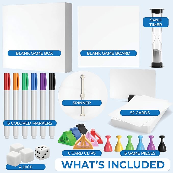 KEFF Make Your Own Board Game Set - DIY Blank Game Board Kit with Game Pieces, Blank Cards, Dice, Spinner, Pawns & More - Fun Family Board Games for Kids & Adults