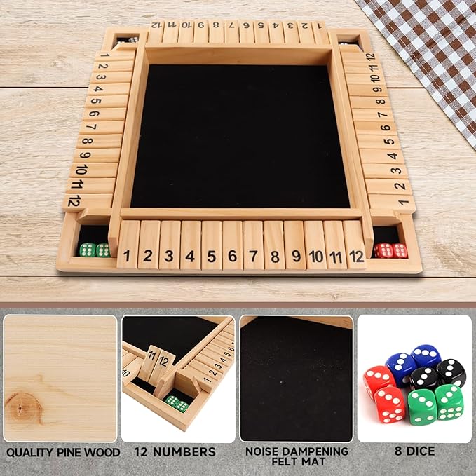 GSE Games & Sports Expert 1-4 Player Wooden Shut The Box Board Game with 8 Dice. 4-Way 12 Numbers Shut The Box Dice Set of Popular English Pub Board Game - Natural Wood