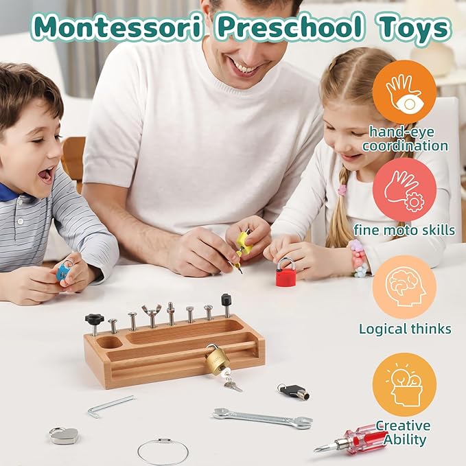 Montessori Screwdriver Board Set Lock and Key Toys Kids Tools Nuts and Bolts Montessori Toys for 3 4 5 Year Old Learning Practical Life Materials Fine Motor Skills Occupational Therapy Games