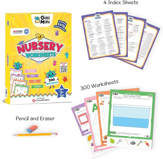 300 Nursery Worksheets (English, Maths, Science, & EVS) with Stickers & Index, Interactive Fun Preschool Learning Activities for Ages 3 and 4