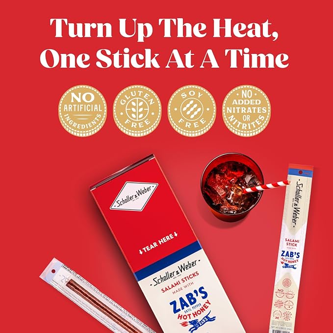 Schaller & Weber Salami Sticks with Zab’s Hot Honey, 0.85 Oz (Pack of 20) | Zab’s Hot Honey Smoked Salami | German Style Smoked Sausage Sticks with Spicy Honey | Gluten Free Protein Snack