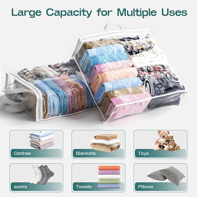 5PACK Clear Zippered Storage Bag for Clothes, 22L Clear Storage Bags, and Blanket Storage Bags for Bedding, Blankets, Comforters, Clothing, Books, DVD & CD (White)