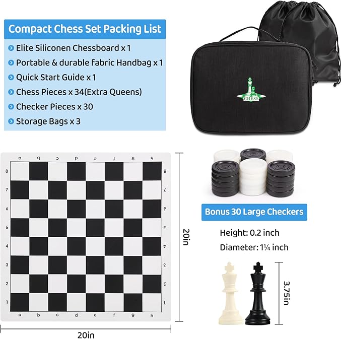 Travel Chess Set 20'' Silicone Chess Board-3.75'' King Height Plastic Chess Piece, Extra Queens & Storage Bag, 2 in 1 Portable Chess & Checker Board Games for Kids and Adults