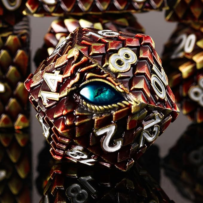 Metal Dice Set D&D,7 PCS Dragon Scale Metallic DND Dice Set,Dragon Eye Metal Dice with Grogeous Gift Case for Dungeons and Dragon Tabletop Game (Reddish Brown Dragon Scale & Cyan Eye)