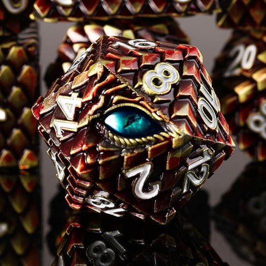 Metal Dice Set D&D,7 PCS Dragon Scale Metallic DND Dice Set,Dragon Eye Metal Dice with Grogeous Gift Case for Dungeons and Dragon Tabletop Game (Reddish Brown Dragon Scale & Cyan Eye)