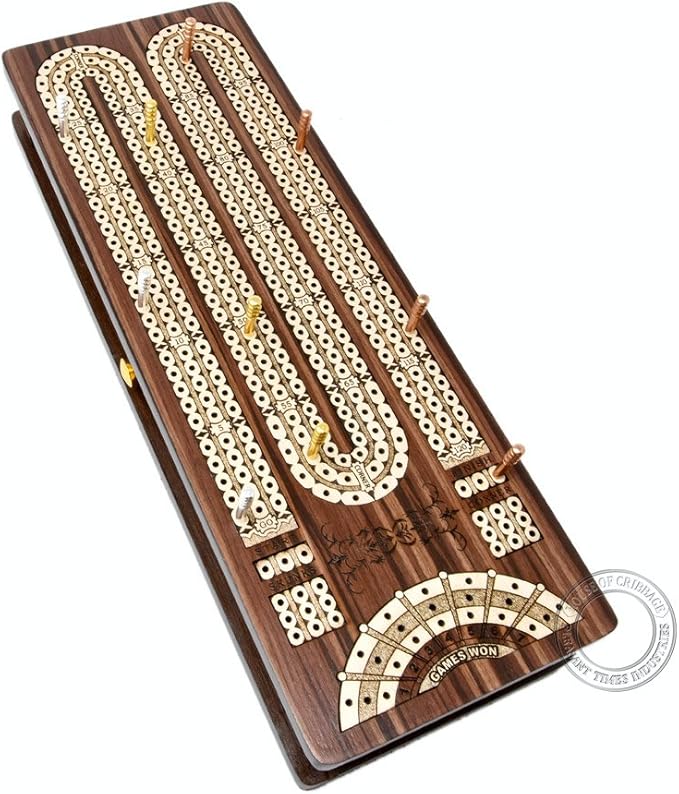 Continuous Cribbage Board/Box Inlaid in Rosewood/Maple - 3 Track - Sliding Lid with Score Marking Fields for Skunks, Corners and Won Games