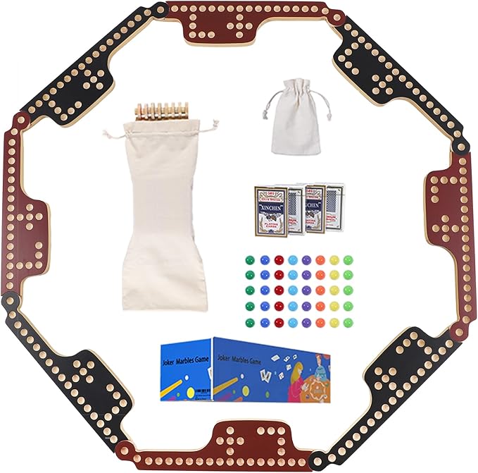 Interlocking Wood Jokers Board Game,2-8 Player Marbles and Jokers Game for Adults,Perfect Family and Party Gift with 4 Decks of Cards (Brown and Black)